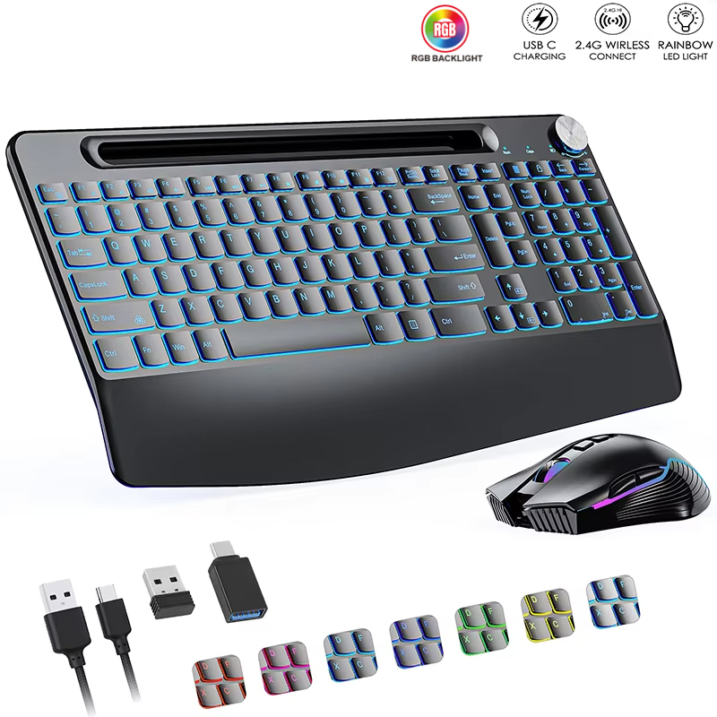Gaming Keyboard Ergonomics - ワイヤレスキーボードとマウスのセットCタイプ,リストレスト付き,RGBバックライト,PC,ラップトップ,ウィンドウ,ジグラー用の充電式サイレントセット,2.4g