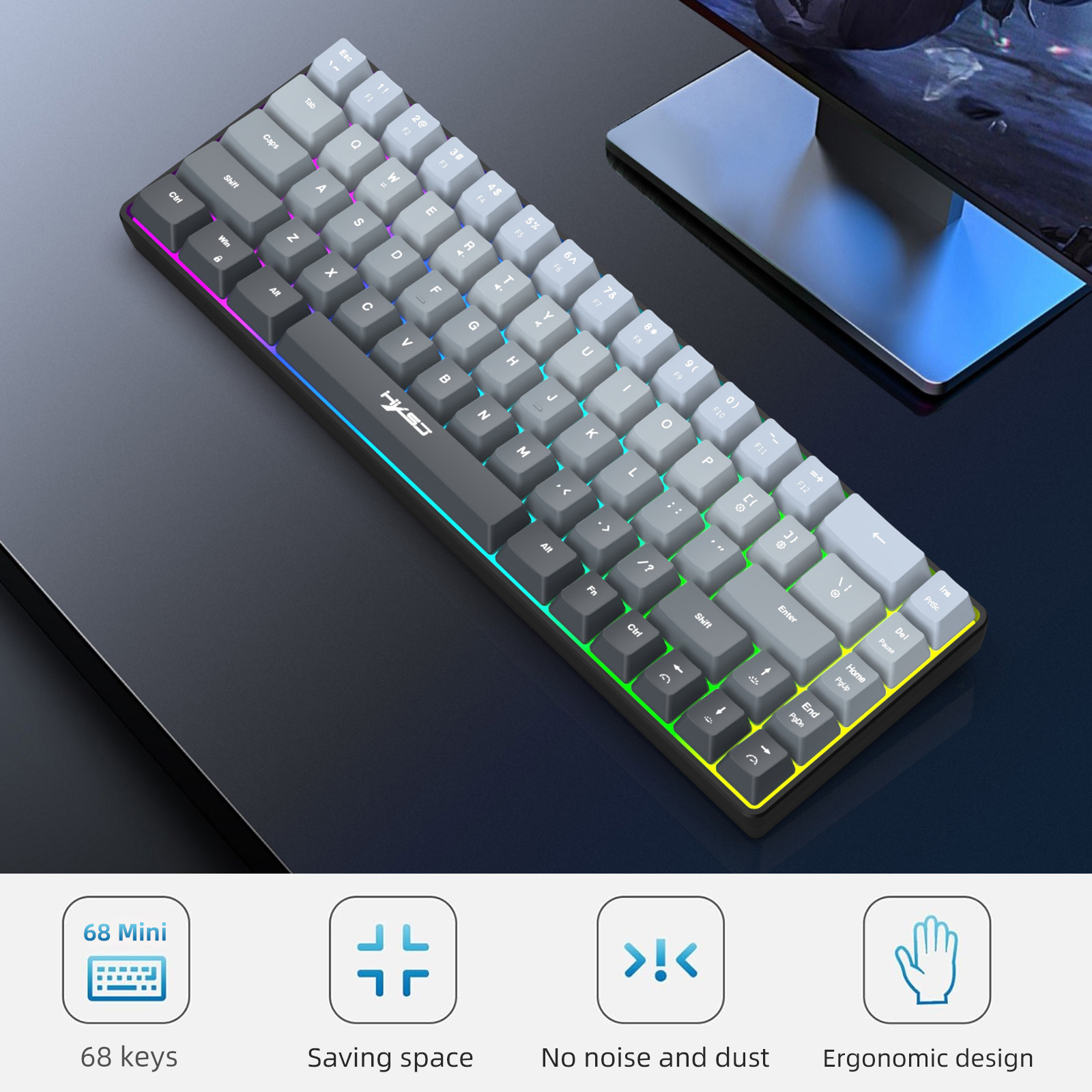 Gaming Keyboard Ergonomics - RGBバックライト付きゲーミングキーボード、68キーのコンパクトでポータブル、PC/Macゲーマーとビジネス旅行者向けのエルゴノミクスデザイン