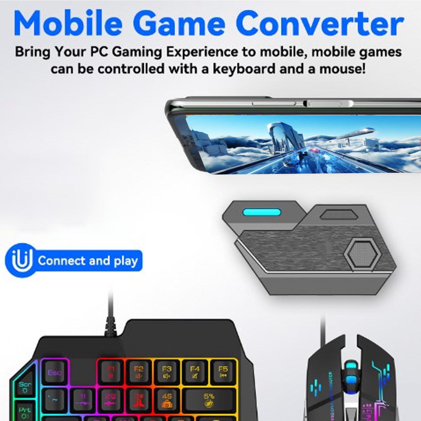 Gaming Keyboard Bluetooth - モバイルゲームコンボパック Bluetooth接続 片手キーボードマウスコンボ ゲーム用調整可能な電話ホルダー付きで応答性が高い