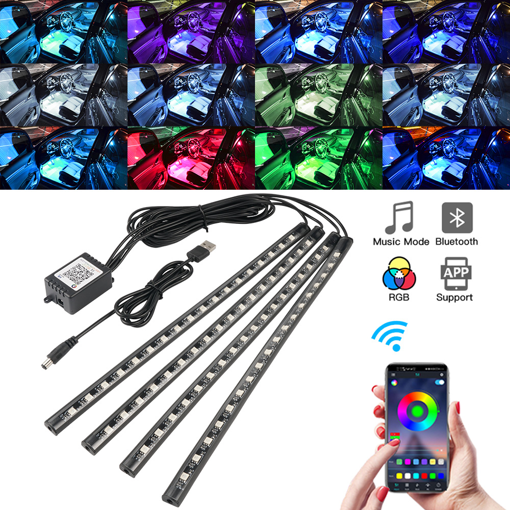 Rgb Underglow Strip - ネオンLED車内ライト APP音楽リモコン RGBアンダーグローLEDアンビエントライト USB/シガーソケットプラグ 車内雰囲気照明 12V